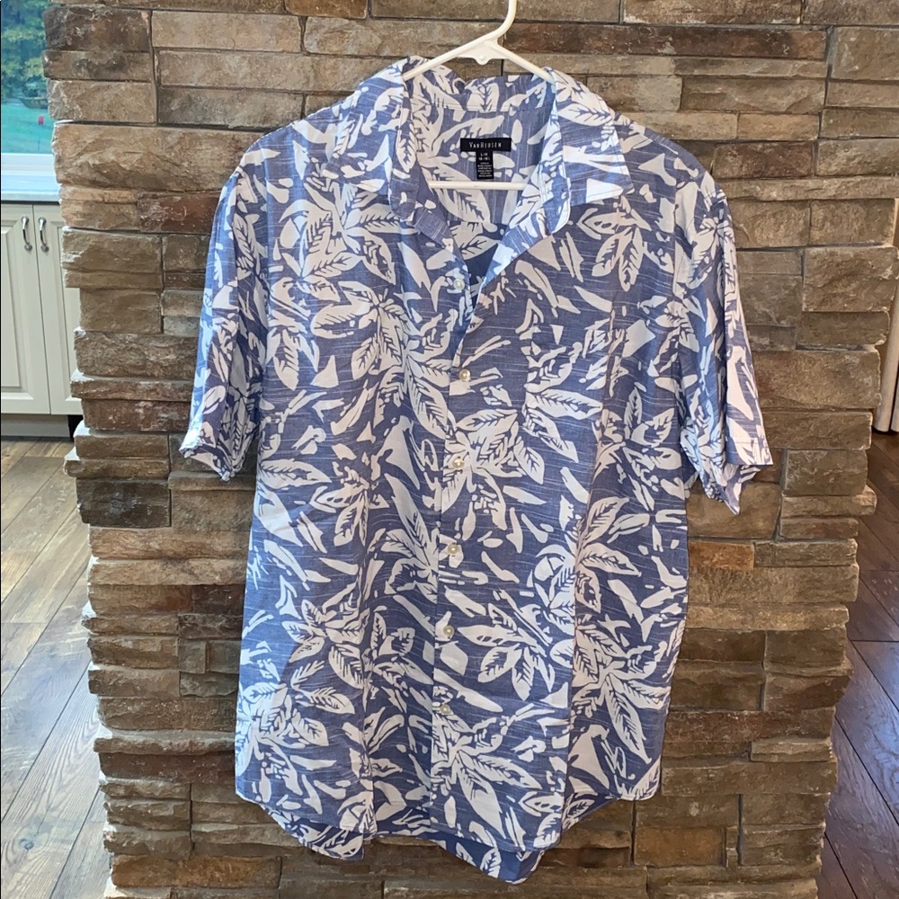 Van Huesen Light Blue and White Leaf Tropical Print Shirt